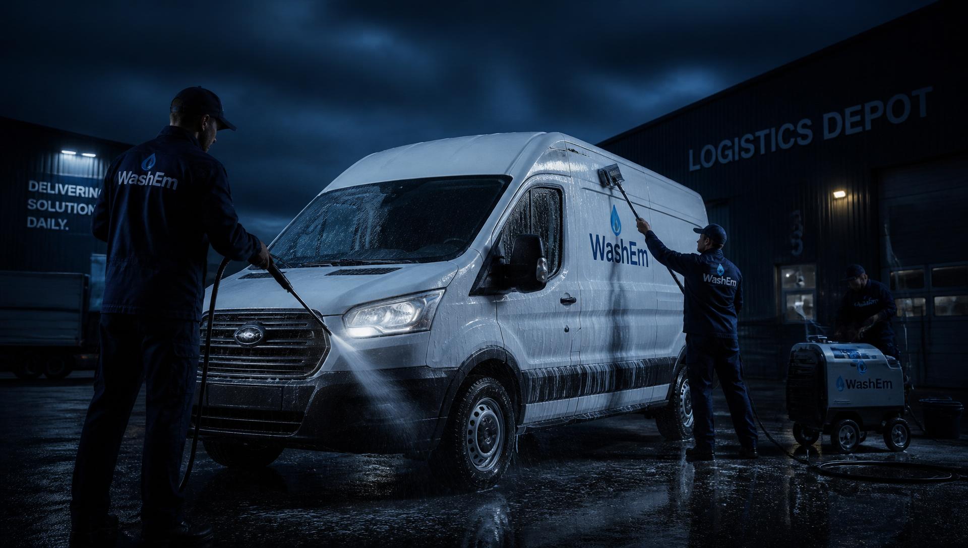 Fleet cleaning crew washing a commercial van at night